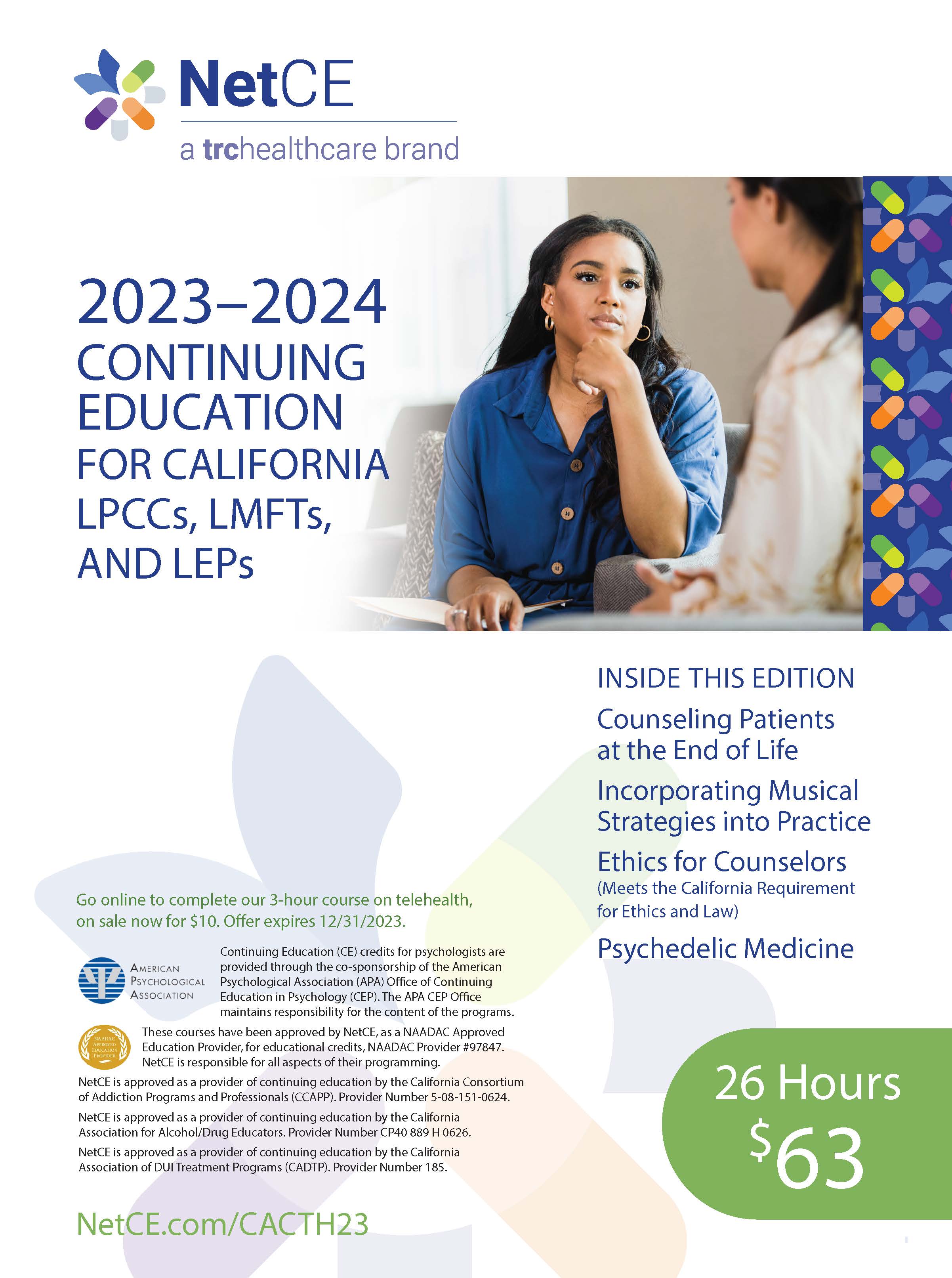 26 Hours for only 63 California Counselors and Therapists Continuing